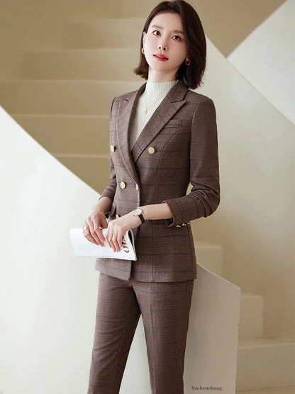 Autumn Winter Red Coffee Blue Black Ladies Pant Suit Women Female Business Work Wear Plaid Jacket and Trouser Blazer 2 Piece Set.