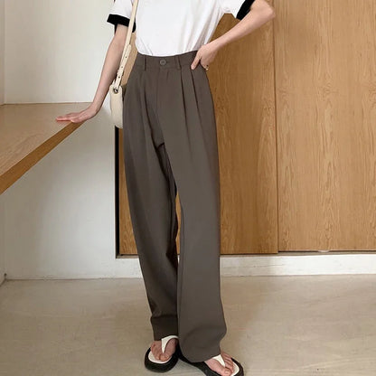 Hohe Taille Frauen Anzug Hosen fallen gerade Büro Damen koreanische Mode Hosen lässig Knopf lose weibliche schwarze Hosen neue 2024