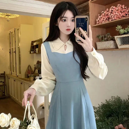 Solide Patchwork Vierkant hals Langarm gefälschte zweiteilige Kleider elegante Mode Harajuku weibliche Kleidung lässig alle Match Rock
