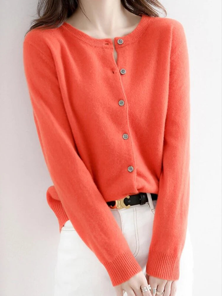 Women Knitted Cardigans Autumn Winter 2025 Round Neck Casual Long Sleeve Tops Solid Basic Soft Sweaters Female.