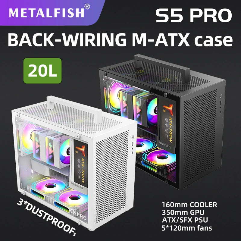 METALFISH S5 PRO 20L Computer Case Gaming PC Chassis Support MATX/ITX SFX/ATX PSU 160mm Tower /180 WaterCooling Cooler.