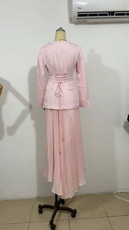 Eid Women Dress Muslim Abaya Pleated Shirt Skirt 2 Piece Set Diamond Party Ramadan Long Dresses Vestidos Largos Arab Long Robe.