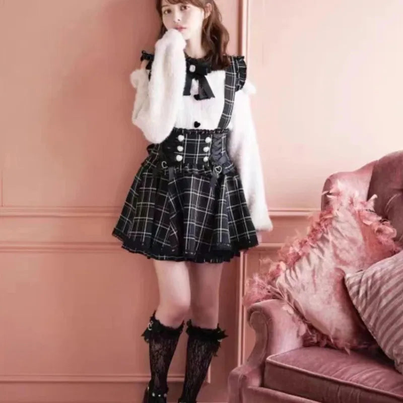 Japanese Gothic Lolita Ribbon Short Suspender plaid Skirt Girls Sweet Cute Lace A-Line Mini Skirts summer2025 black solid kawaii.