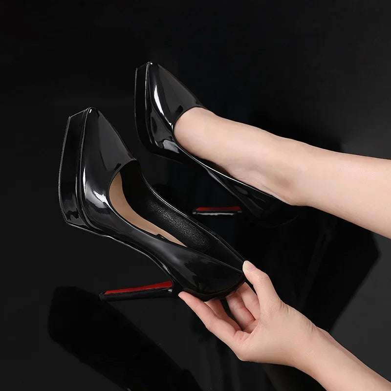 Women Pumps Brand 10CM 12CM Thin High Heels Black PU Slip On Pointed Toe Dress Office Career Party Wedding Waterproof Lady shoes.
