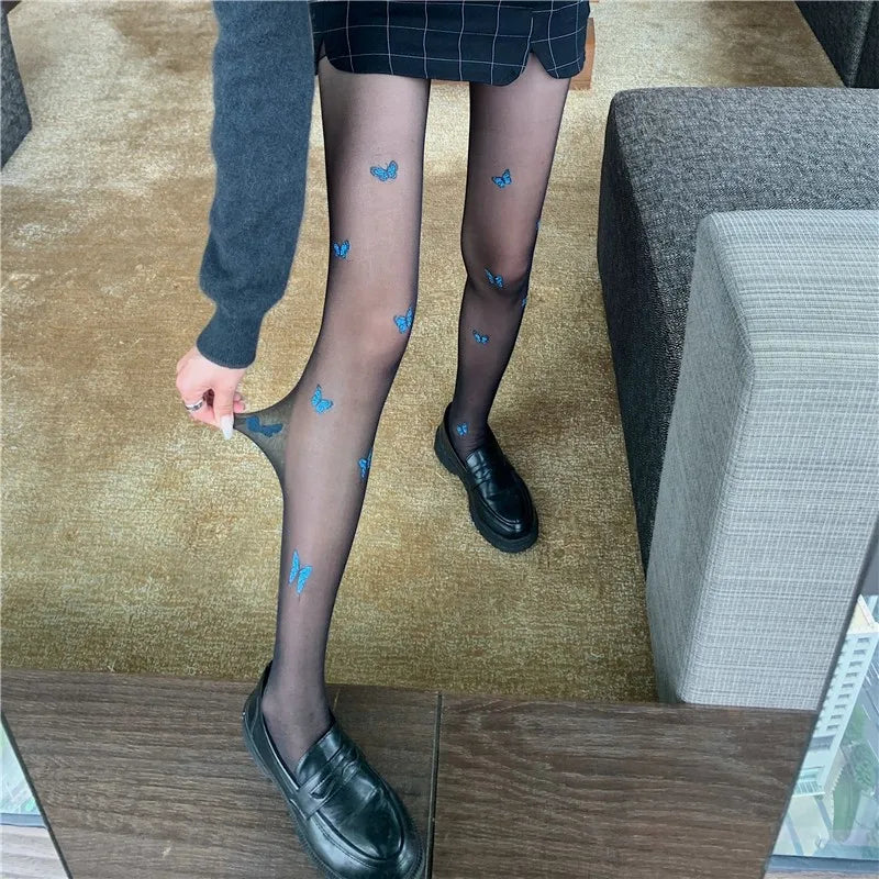 Sexy Butterfly Tights Vintage Y2K Fake Tattoo Pantyhose Black/Blue Lingerie Hosiery Thin Nylon Tights Body Ultra-thin Stocking #.