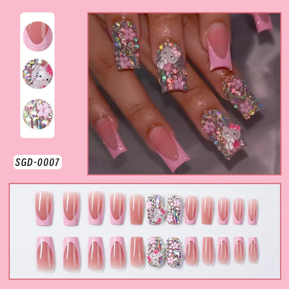 24Pcs Long Square Pink Hello Kitty False Nails French Wearable Full Cover Fake Nails Kitty Cat Bow Heart Design Press On Nails.
