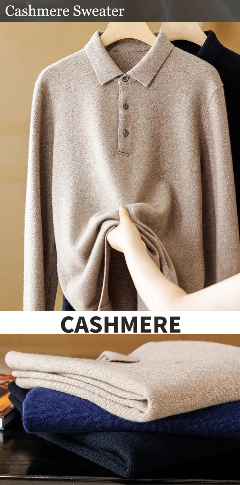 Luxury Men Cashmere Sweater 100% Merino Wool Buttoned Pullover Autumn Winter Polo Collar Knitwear Male Casual Warm Jumper Tops.