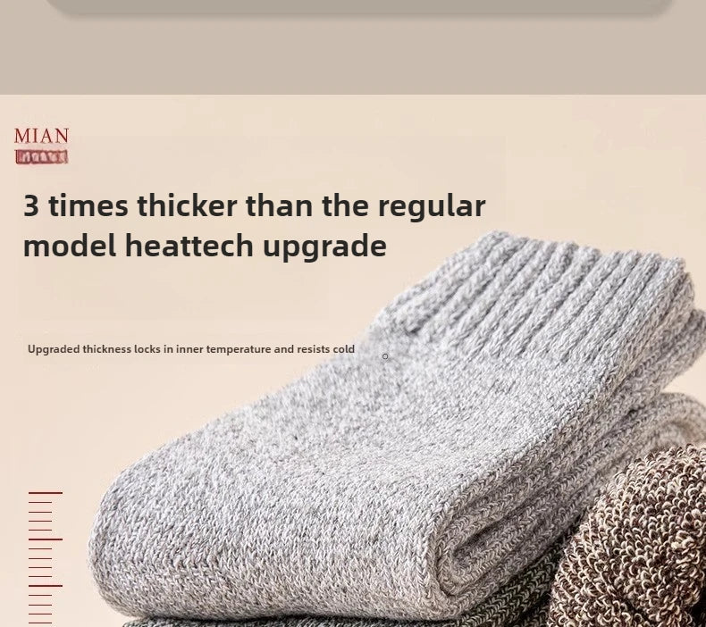 5 pairs of men's mid-calf thick winter fleece-lined thermal terry socks, blended cashmere solid color towel socks.