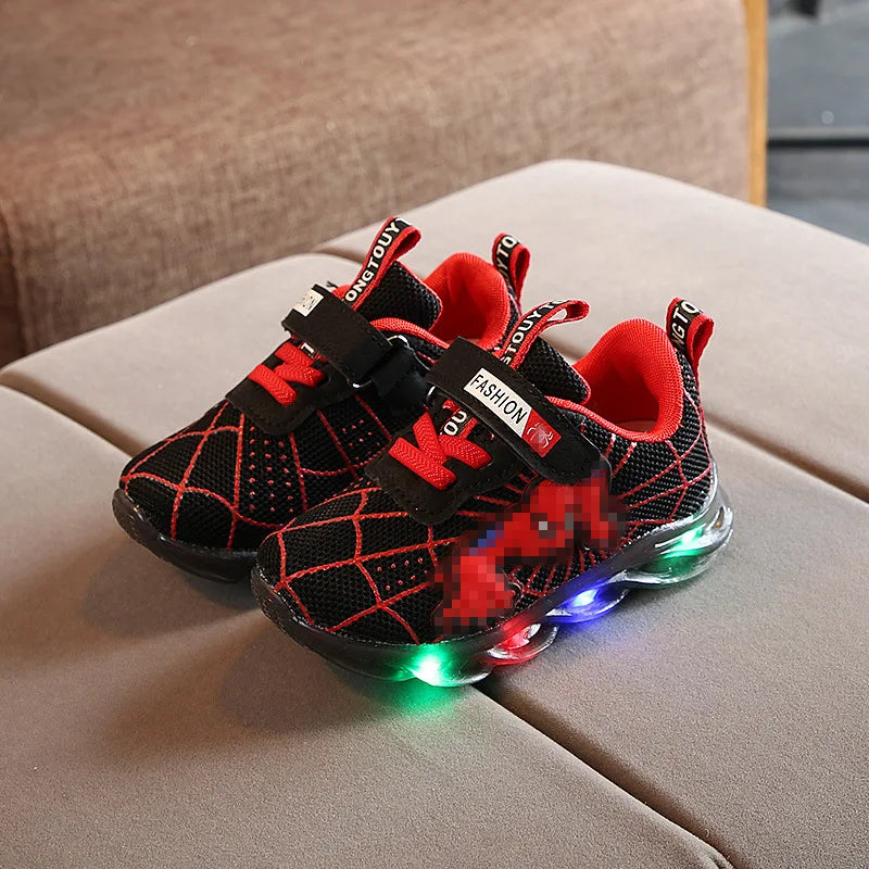Disney LED Casual Sneakers Red Black For Spring Boys Spider-man Mesh Outdoor Shoes Children Lighted Non-slip Shoes Size 21-30.