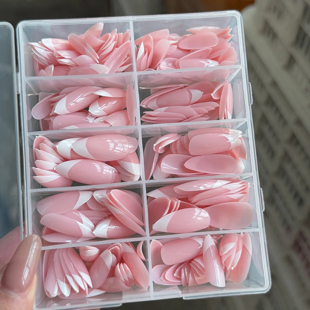 360/240/120pcs Light Pink Almond Press On Nails Glossy White French Fake Nail Simple Full Cover Fake Nails Soft Gel Nail Tips*%&.