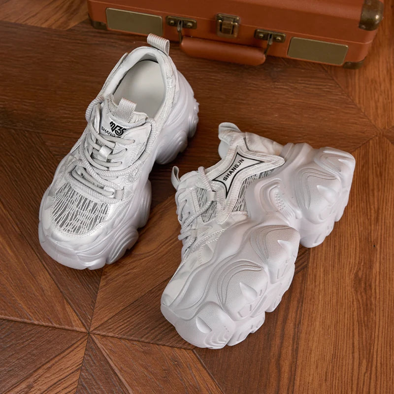 AUTUSPIN 10cm Pink Thick Soled Shoes for Summer Women Breathable Lace-up Ladies Sneakers Outdoor Casual Fashion Platform Shoes.