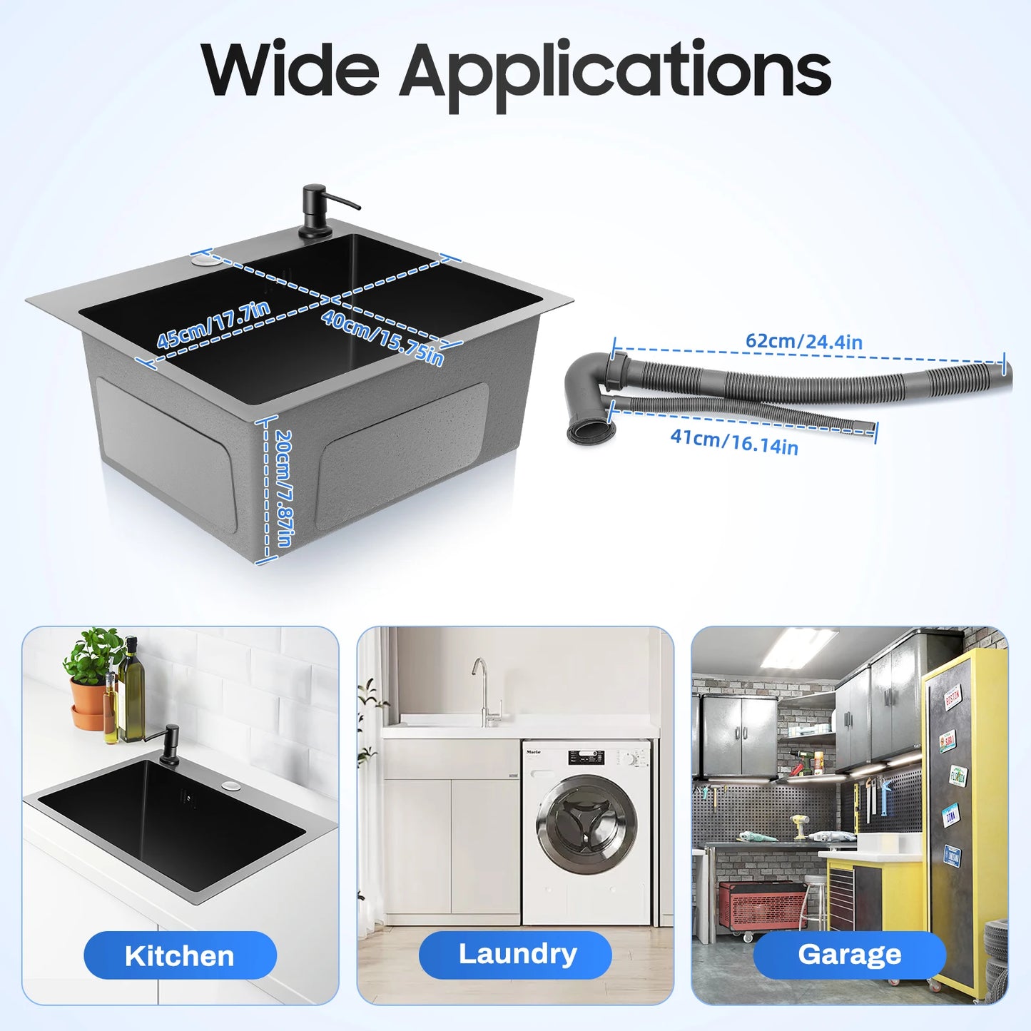 40 x 45 x 20 cm Küchenspüle-Set, Spüle aus Edelstahl 201 mit Abflusskorb und Seifenspender für Küchen, Badezimmer, Waschräume