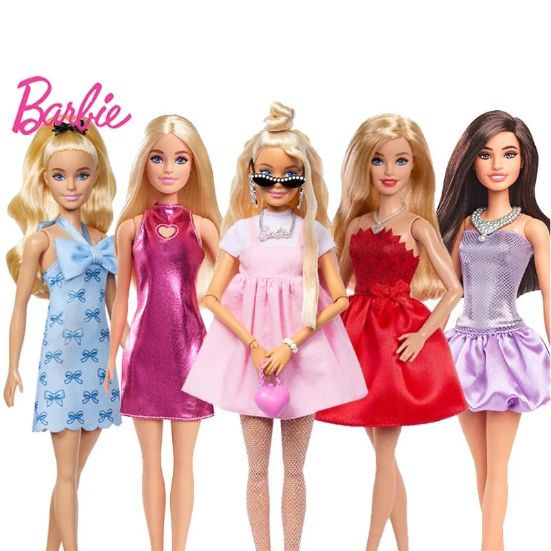 Genuine Barbie Deluxe Style Dolls Pink Dress Outfit Blond Hair Knot Bow Accessories Mesh Tights Toys For Girls Sweet Gift.