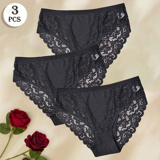 3pcs Women’s Sexy Lace Panties / Comfortable Underwear with Floral Lace Design, Perfect for Daily Wear and Sleep.