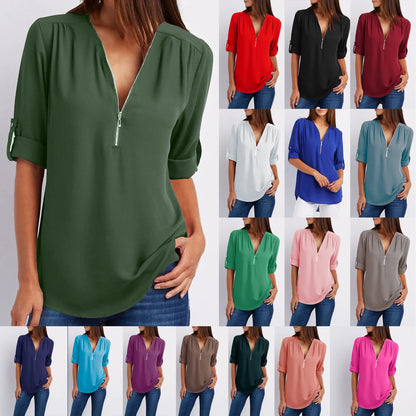 2024 Quality HotSale Plus Size Deep V Neck Women Blouse Chiffon Cool Loose Shirt Fashion Casual Ladies Tops Sexy Zipper Pullover.