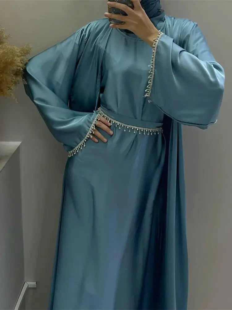 Ramadan Kebaya Chain Satin Kimono 2 Piece Abaya Set Turkey Islam Dress Muslim Sets Abayas For Women Robe Femme Musulmane Kaftan