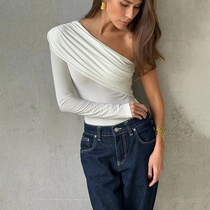 Solid Color Casual Temperament Commuter Asymmetrical Design With Sloping Shoulders Long-sleeved Tops Jumpsuits are Sexy Summer.