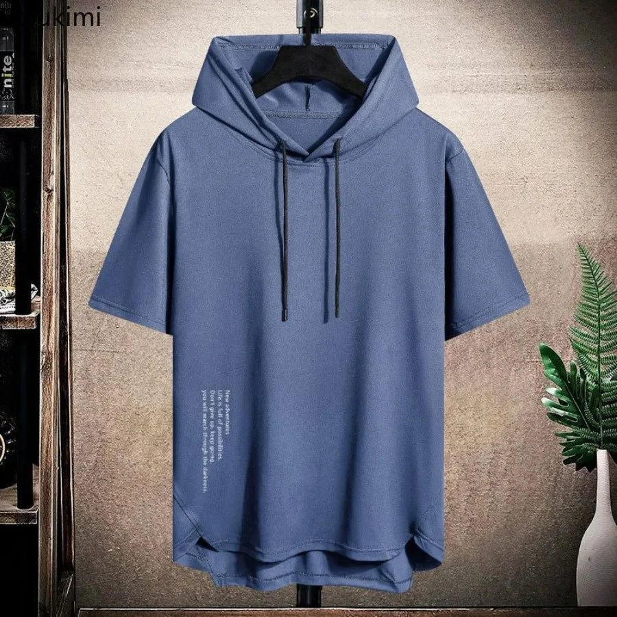 2025 Men's Summer Hoodies T-shirts Short Sleeve Solid Color Loose Hooded Drawstring Pullover Tops Basic Tees for Daily Wear Male.