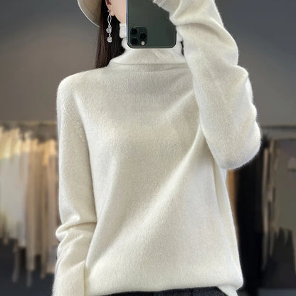 2025 100% Merino Wool Sweater Elegant Cashmere Pullover Women Pile Collar Long Sleeve Knitwear Basic Clothing  Jumper Tops