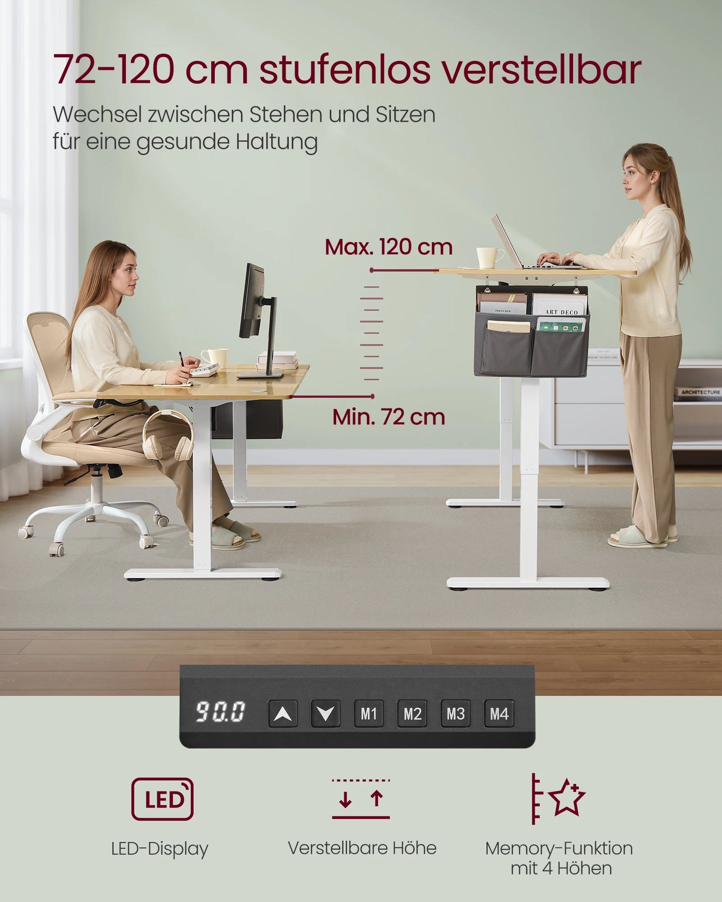 SONGMICS Höhenverstellbarer Schreibtisch elektrisch, 160 x 70 cm, verstellbarer Tisch, Memory-Funktion für 4 Höhen, für Büro