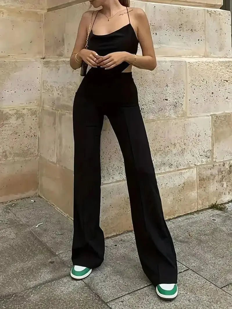 Ladies' slim fit versatile bell bottom pants for spring and autumn office solid color high waisted wide leg pants.