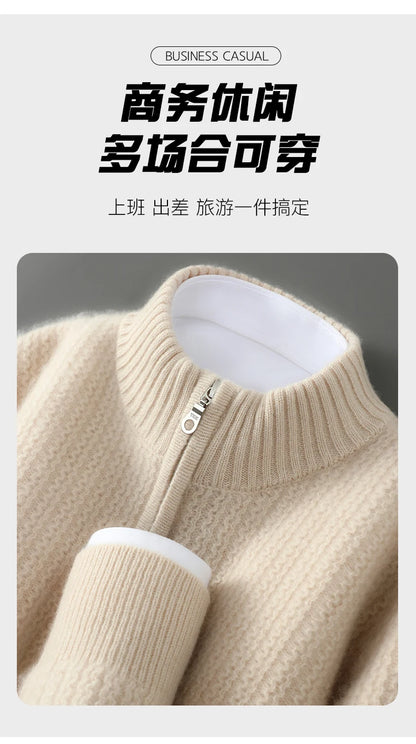 Men's 100% Merino Wool Thicken Sweater Half Zipper Mock Collar Pullover Autumn Winter Cashmere Knitwear Business Casual Clothing.