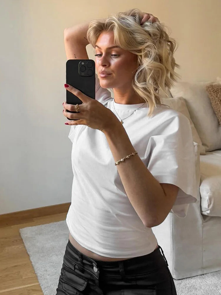 Französisches Kurzarm-T-Shirt für Damen, Sommer-Lose-Fit, schlankmachendes, süßes und würziges Design, Rundhals-Top Ф Fonda