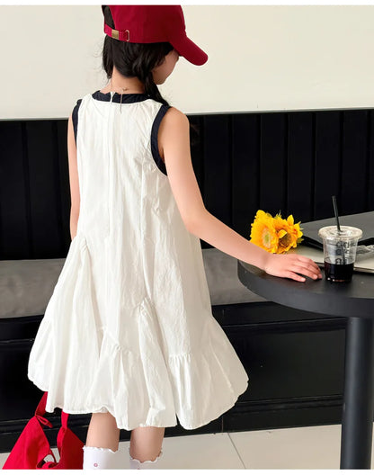Neues Sommer-Mädchen-Prinzessinnenkleid für Kinder, ärmelloses Kleid mit Rüschen, Design-Kleider für Teenager, Kinder, lässiges Urlaubs-Strandkleid