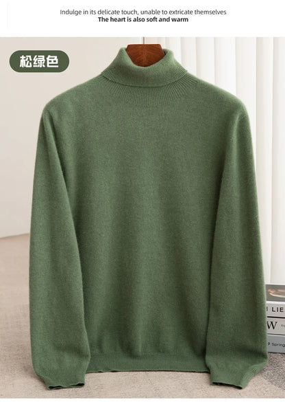 Men 100% Merino Wool Sweater Turtleneck Knitted Pullover Cashmere Warm Solid Color Clothes Business Bottoming Tops Autumn Winter