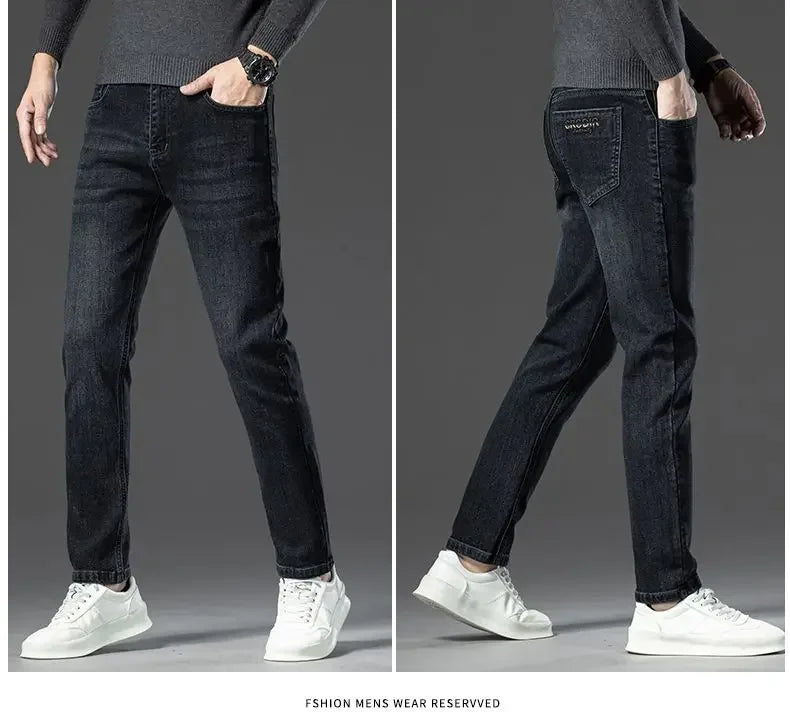 Autumn Winter New High Elasticity Men's Business Jeans Haze Blue Black Gray Denim Trousers Men's Pants Work Clothes Brand.