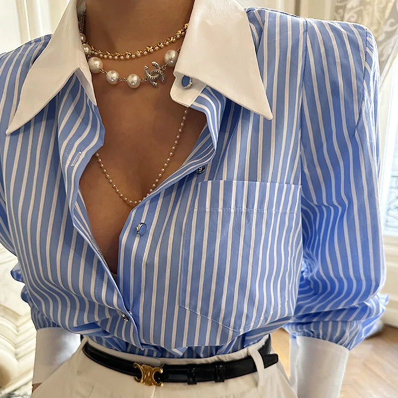 Jmprs Elegant Women Shirts Korean Striped Red Fashion Turn Down Collar Office Ladies Tops Long Sleeve Causal Female Blouse.