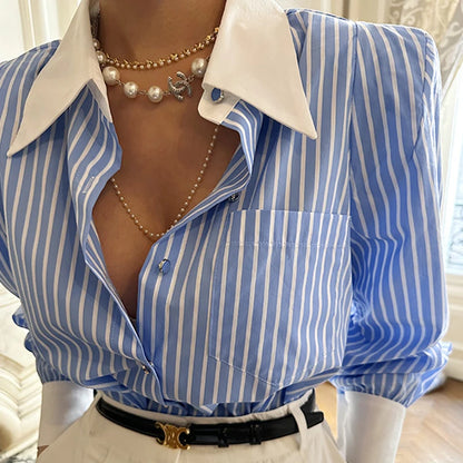 Jmprs Elegant Women Shirts Korean Striped Red Fashion Turn Down Collar Office Ladies Tops Long Sleeve Causal Female Blouse.