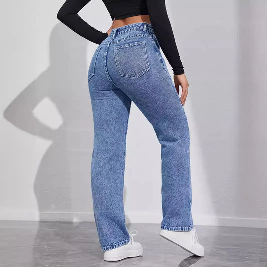 Women's High Waist Loose Comfortable Slimming Fashionable Straight Leg Casual Long Jeans Durable Quality from Mainland China.