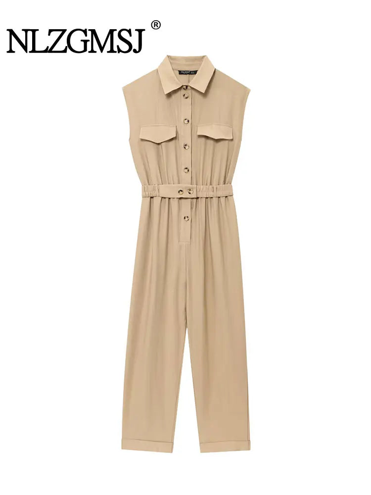 2025 Summer Vintage Casual Chic Women Jumpsuits Solid Sleeveless Belt Wide Leg Bodysuits Fashion Jumpsuit.