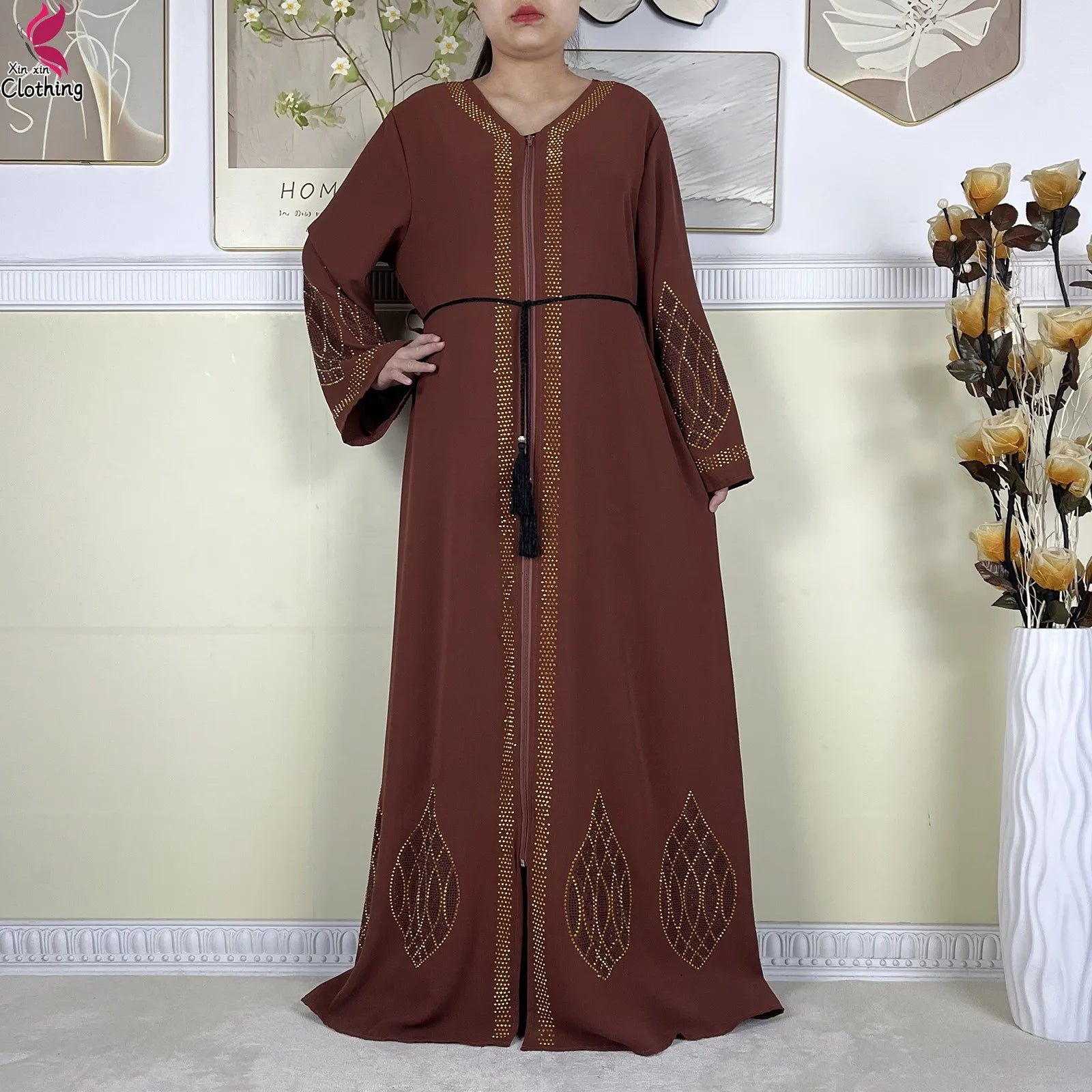 New Dubai Women Elegant Dress Diamonds Chiffon Open Abaya with Zipper Islamic Turkey Clothing Women Muslim Party Evening Dress.