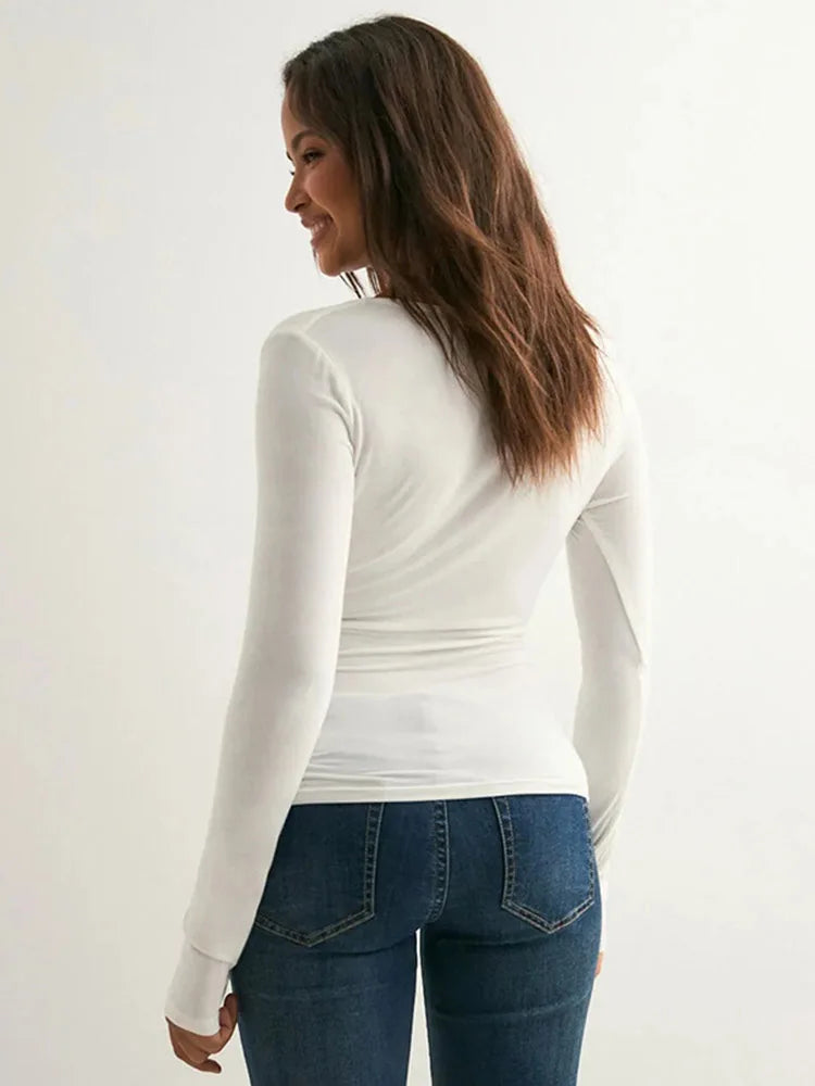 Sexy Solid Color V-neck Long Sleeved T-shirt Top Waist Cinching 2025 Trendy Casual Top for Women.
