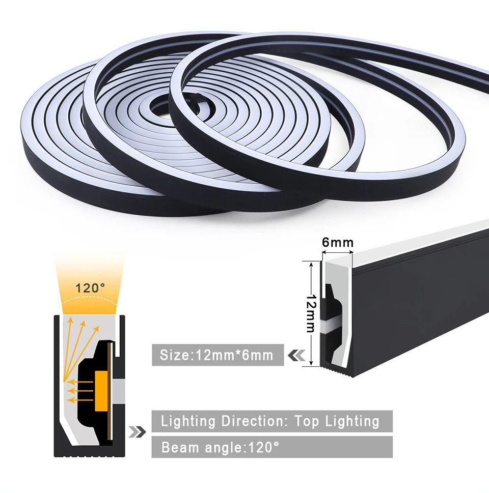 Tuya Smart WiFi LED Neon Light Strip 12V Black Silica Gel Tube RGB Bluetooth APP Neon Lamp Tape For Home Room Christmas Decor.