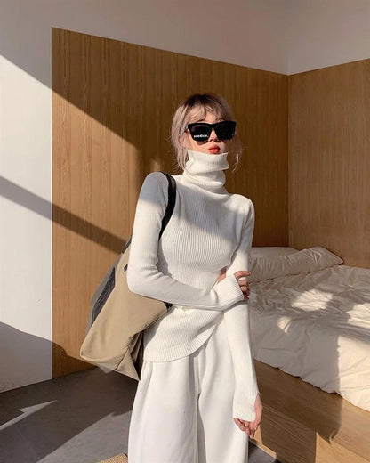 Neue Herbst Winter Grundlegende Gestrickte Tops Frauen Rollkragen Pullover Casual Pullover Koreanische Mode Einfache Mit Daumen Löcher Chic Kleidung.