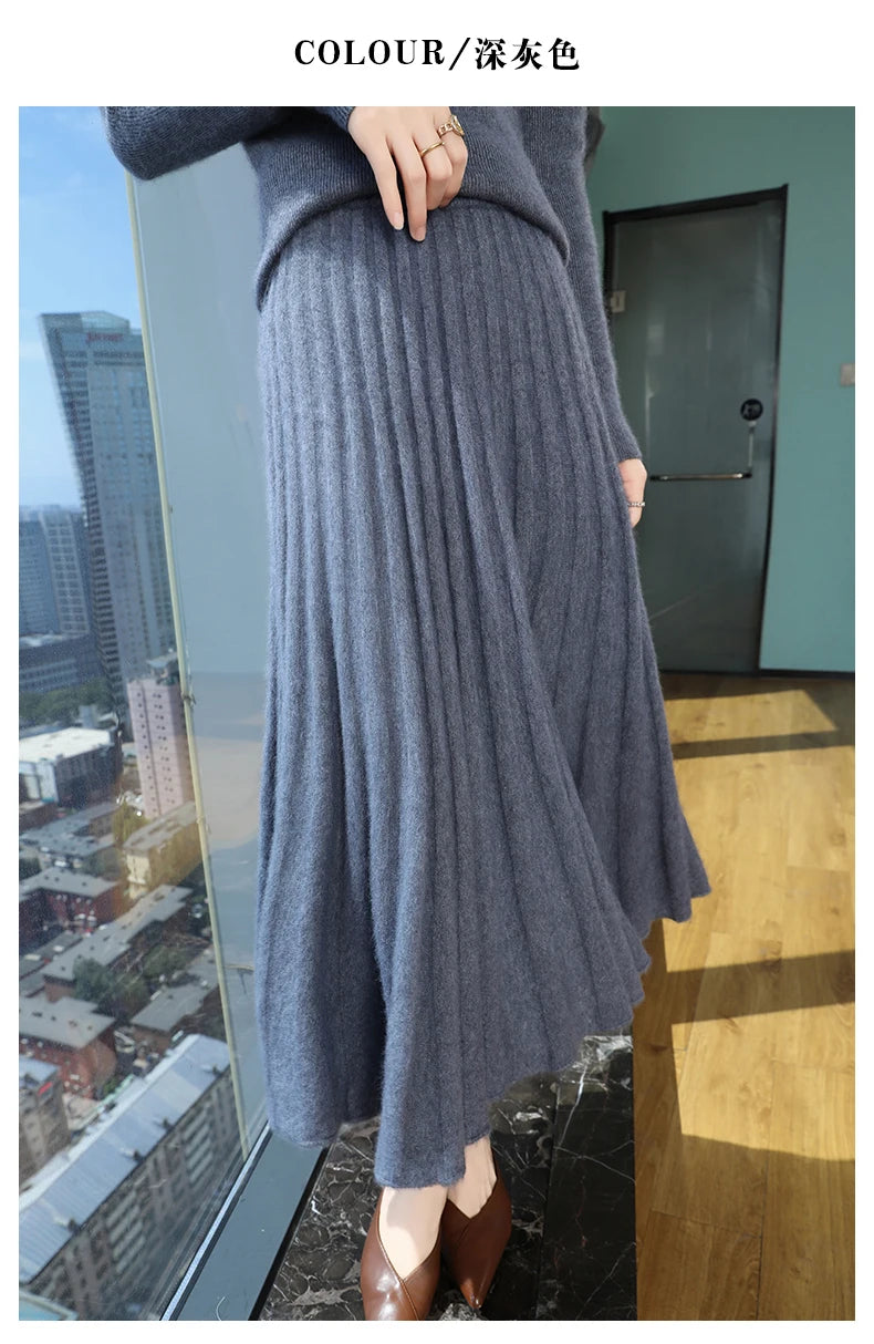 Autumn And Winter Fashion Mink Cashmere Mid Length High Waist Skirt For Women, Knitted Umbrella Skirt, Fashionable Pleated Skirt.
