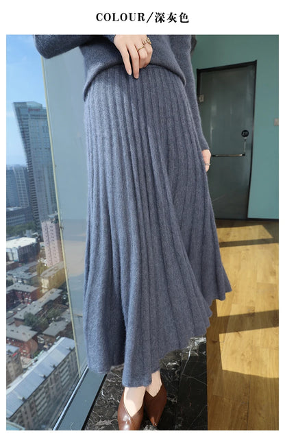 Autumn And Winter Fashion Mink Cashmere Mid Length High Waist Skirt For Women, Knitted Umbrella Skirt, Fashionable Pleated Skirt.