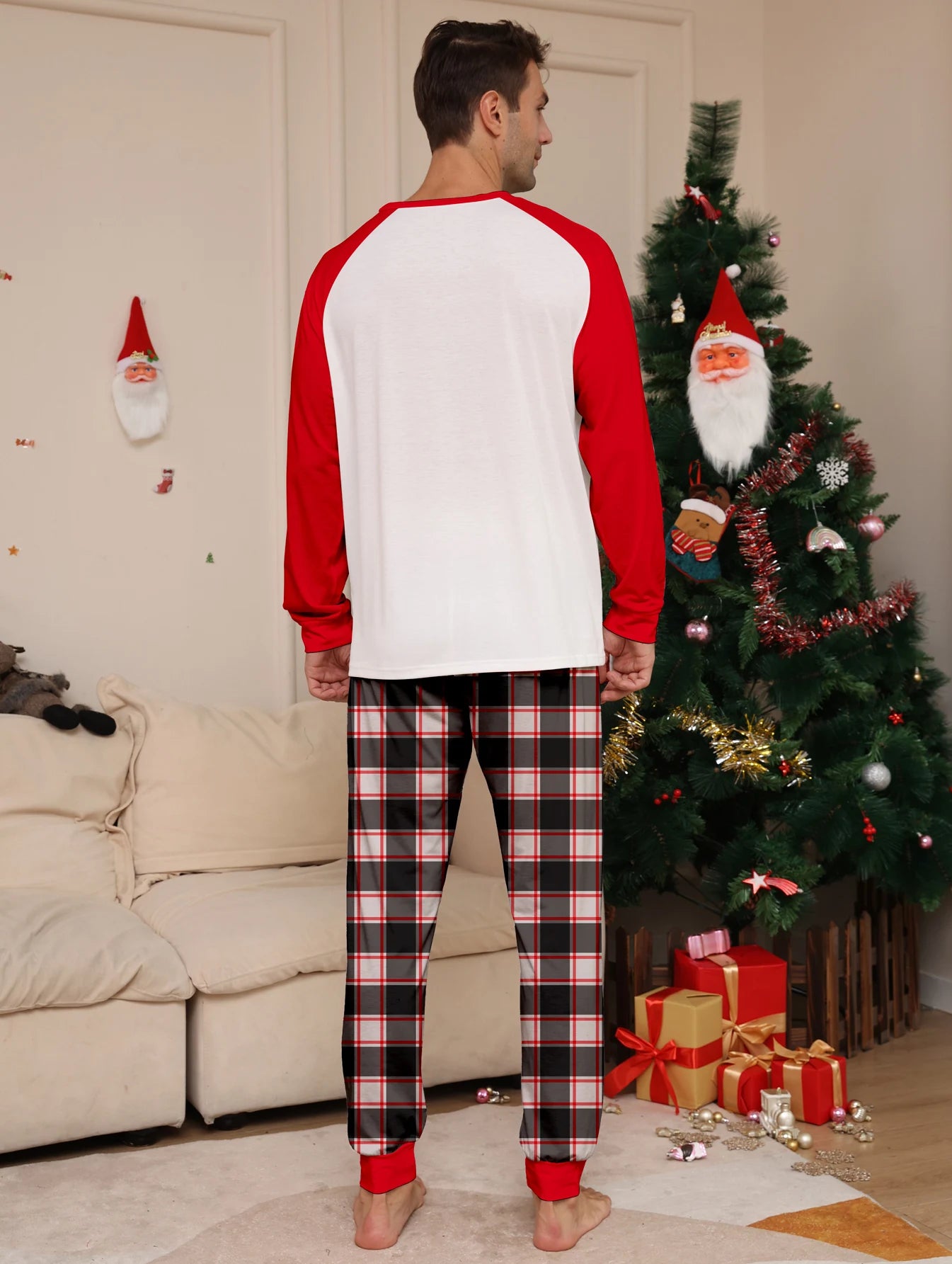Christmas Couple Pajamas Set - Raglan Sleeve White & Red "Santa's Crew" Print & Plaid Pants Sleepwear.