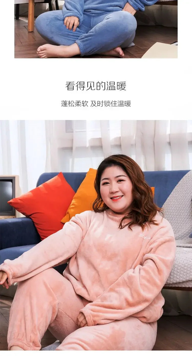 Winter Pajamas Coral Fleece Warm Pajamas Set Thick Long Sleeve Large Size 85kg Outside Pajamas Elastic Waist Trousers Pajama Set.