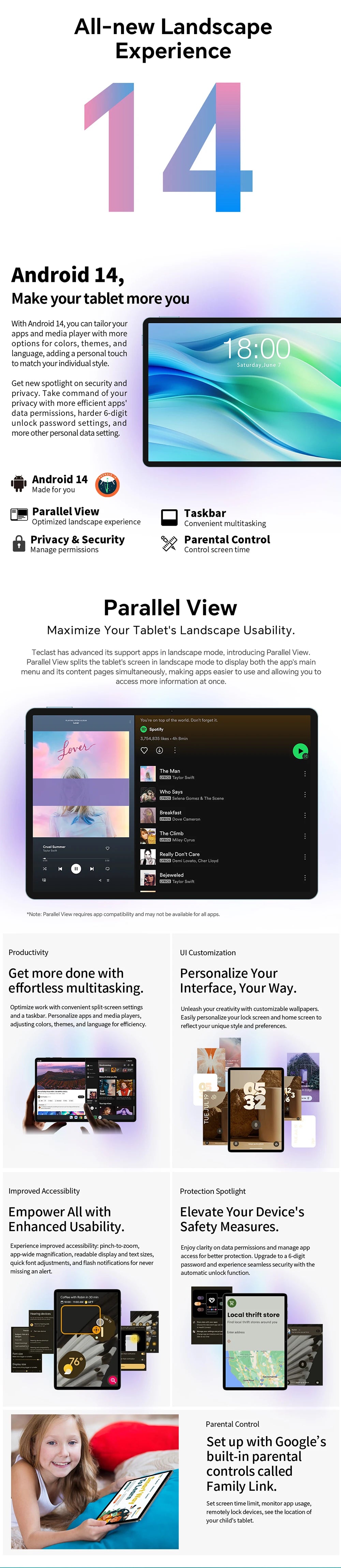 Teclast P50 Android 14 Tablet 11" IPS Max 14GB RAM 128GB ROM Unisoc T606 8-core 13MP Camera 8000mAh Type-C 4G LTE TÜV Rheinland.