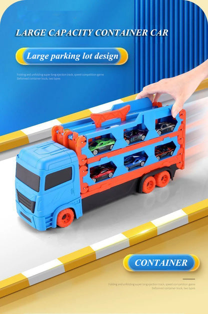 Large Car Transporter Truck Folding Track Racing Vehicle Kids Competitive Games Storage Alloy Car Boy Toy Children Novel Gift.
