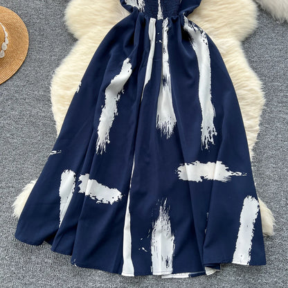 Neue Sommer Druck Süße Kleid Träger O Neck Backless Split Elegante Damen Urlaub Strand Party Midi Sommerkleid