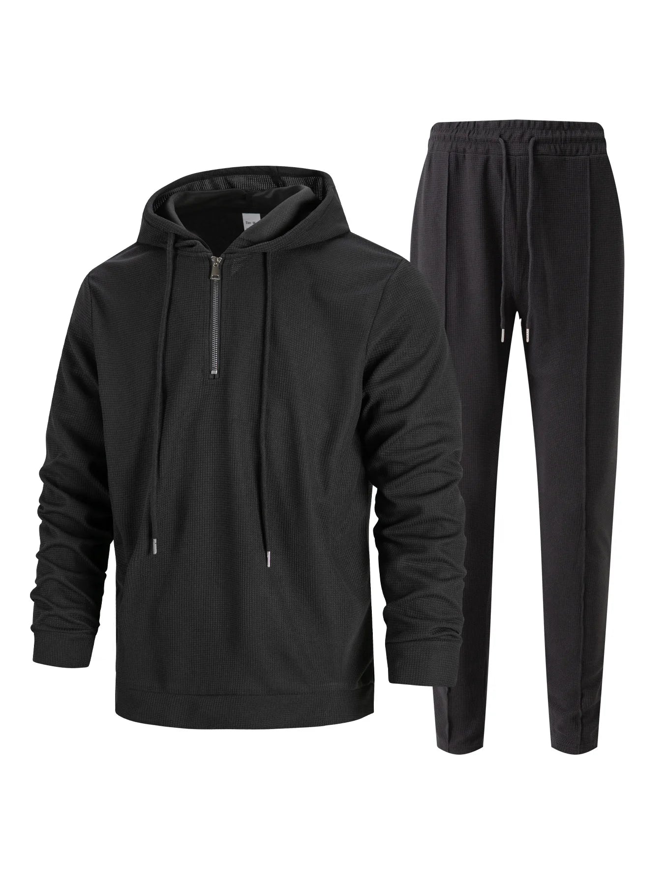 Men's Autumn Waffle Solid Color Hooded Half-Zipper Drawstring Long-Sleeved Sweatshirt And Long Pants Set Casual Comfortable Outf.