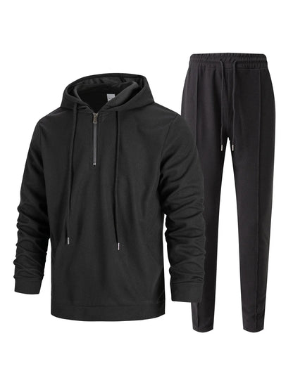 Men's Autumn Waffle Solid Color Hooded Half-Zipper Drawstring Long-Sleeved Sweatshirt And Long Pants Set Casual Comfortable Outf.
