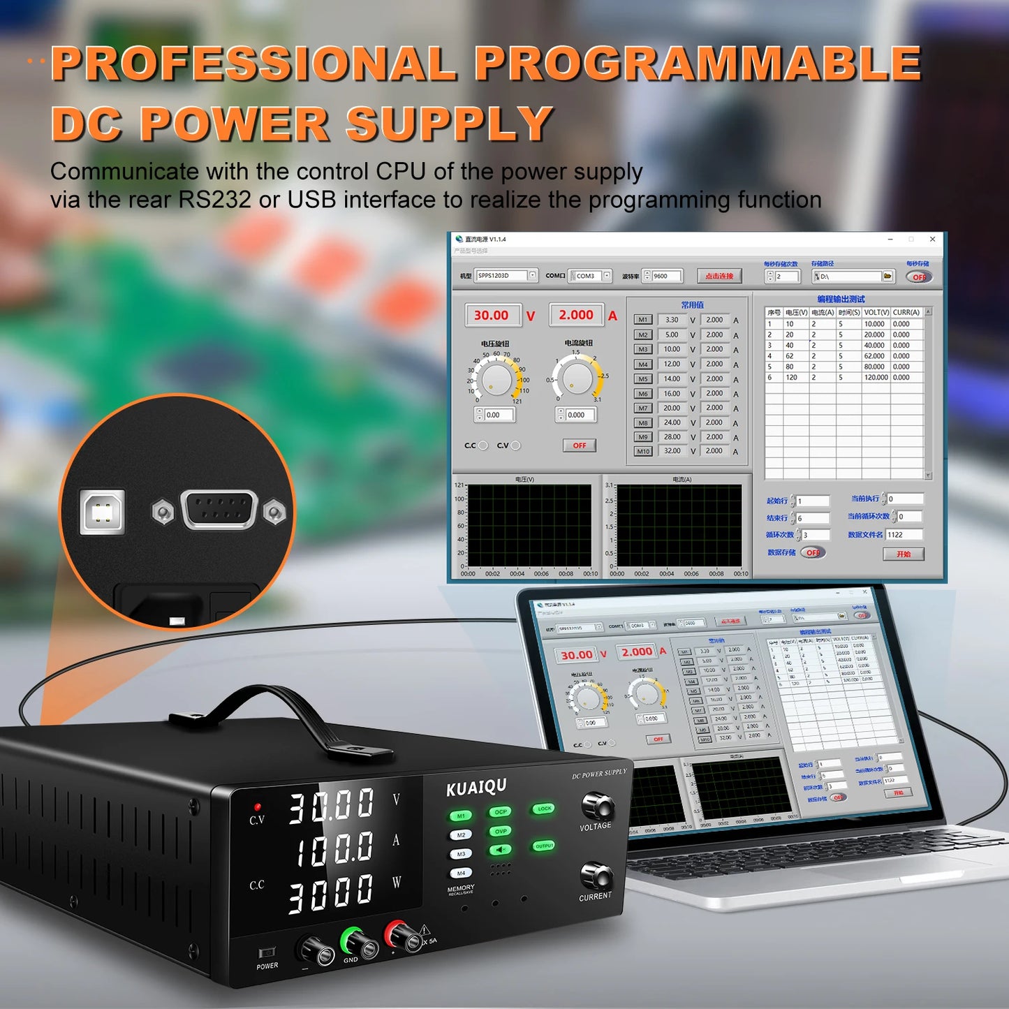 KUAIQU 3000W High Power Adjustable Bench Power Supply 1000V 300V 200V 100A 60A 30A Lab Power Supply OCP Alarm OVP Output Switch.