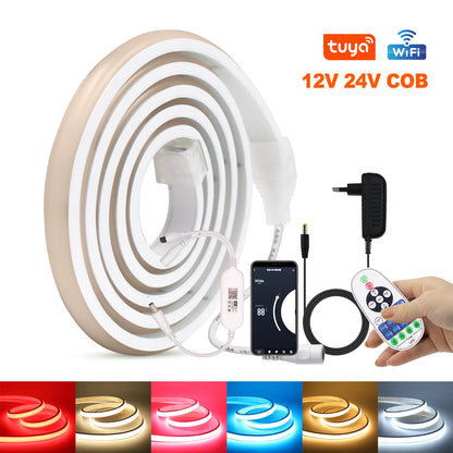 12V 24V Tuya Smart WiFi COB Neon Strip Waterproof 0.5M 5M 10M 20M 320LED/M Flexible LED Tube Tape for Kitchen Cabinet Room Decor.