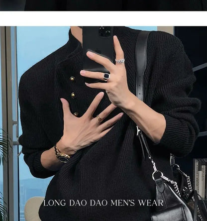 Vintage Trend Casual Autumn Winter New Men Turtleneck Solid Button Fashion Luxury Business Long Sleeve Pullovers Knitted Tops.